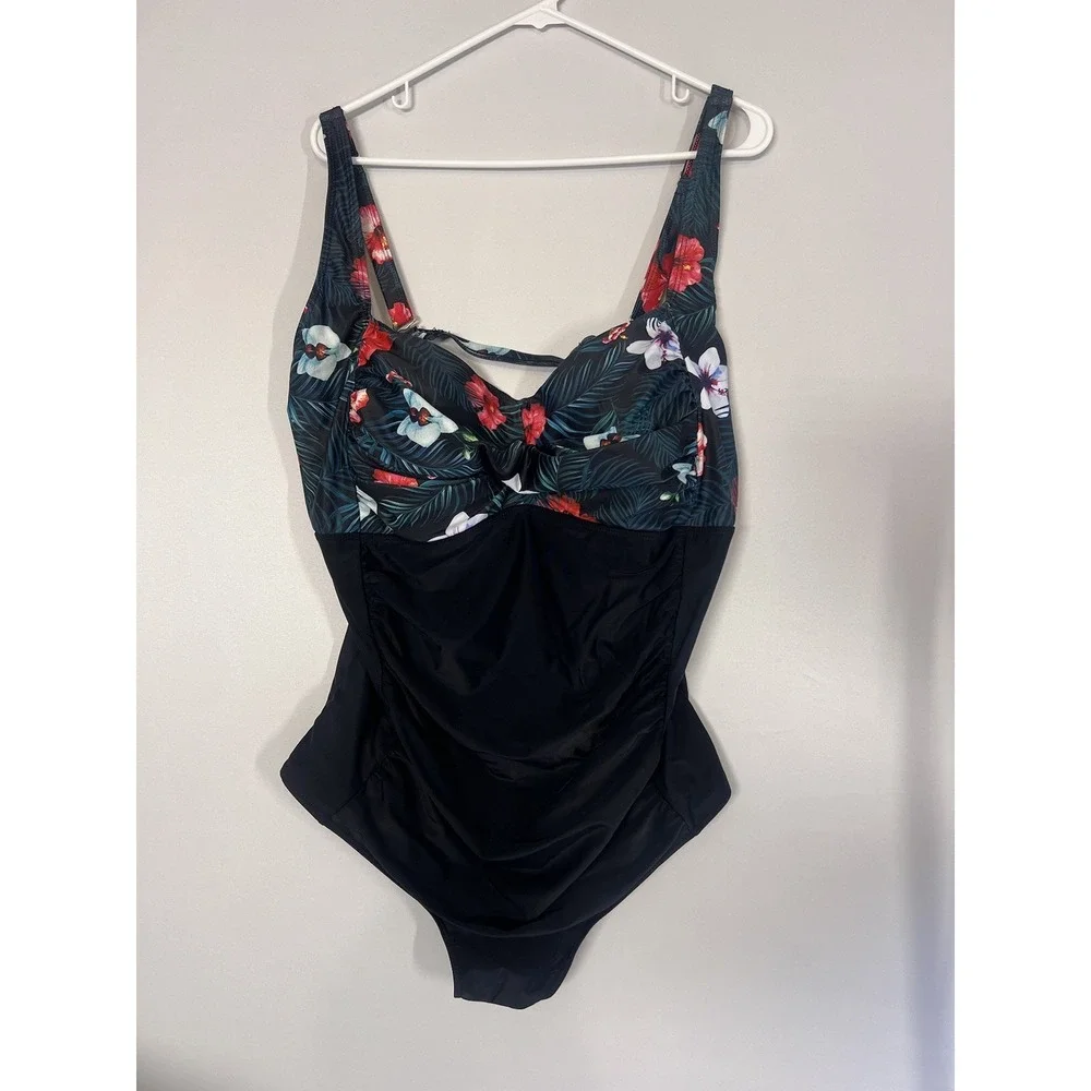 Yonique Plus Size One‎ Piece Swimsuit Woman Size 24W Black Floral -Support NWT